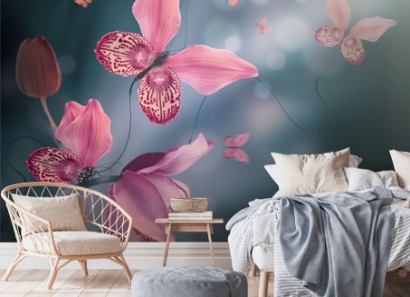 Amazing butterflies from the petals of orchids floral background Flowers and insects photowallpaper Scandiwall