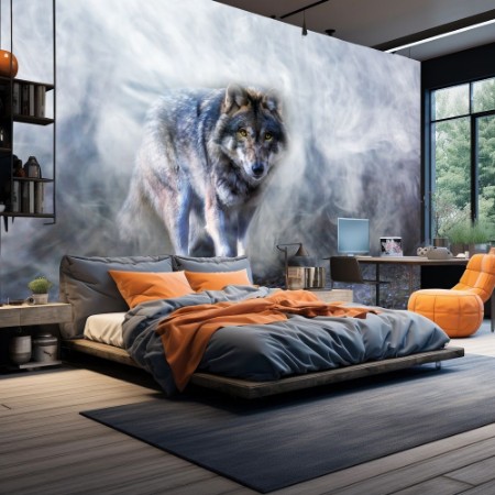 Ein Wolf erscheint aus dichtem Nebel photowallpaper Scandiwall