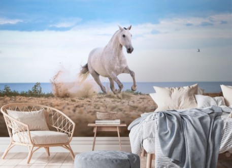 White horse runs on the beach on the sea and clougs background photowallpaper Scandiwall