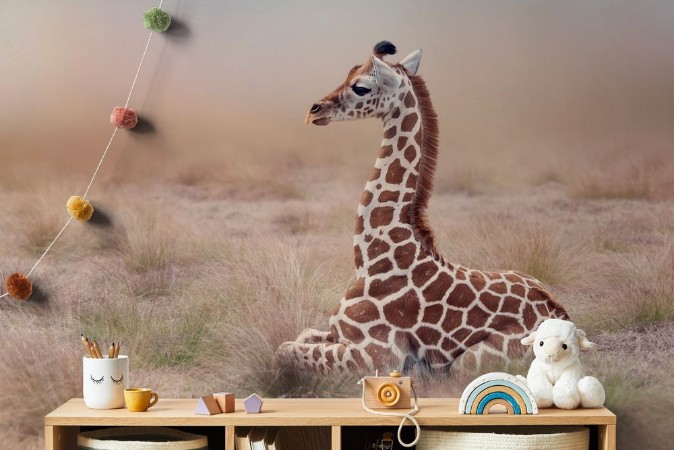 Young Giraffe resting photowallpaper Scandiwall