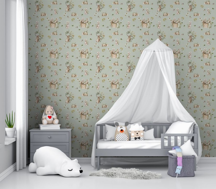 Bunny bath Sage Green - 1028201-04 wallpaper Wallpassion