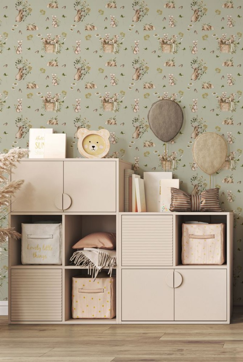 Bunny bath Sage Green - 1028201-04 wallpaper Wallpassion